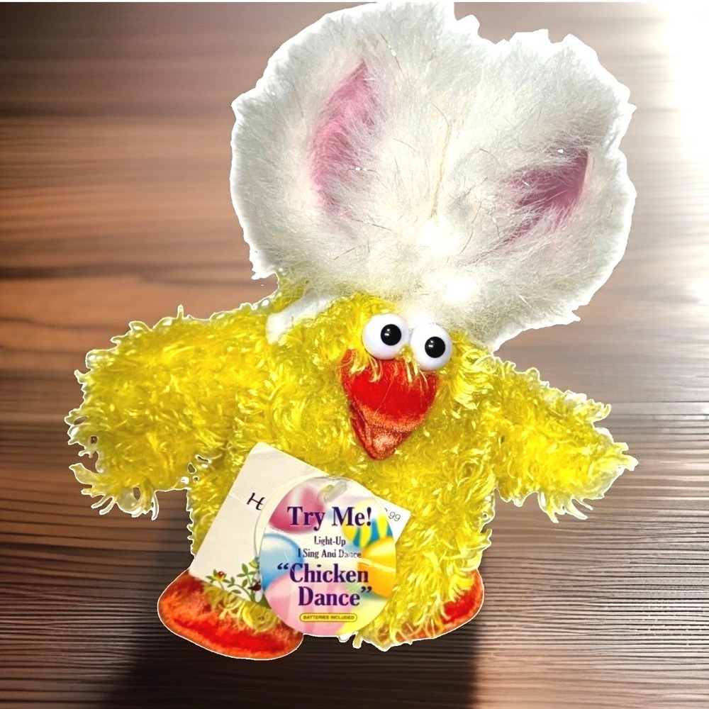 Happy Easter Chicken Dance Animated Light Up Plush Bunny Ears Yellow Toy